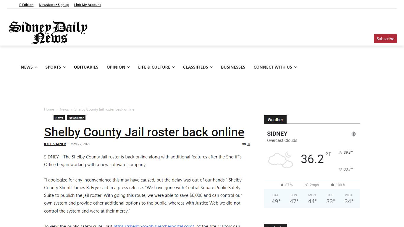 Shelby County Jail roster back online - Sidney Daily News